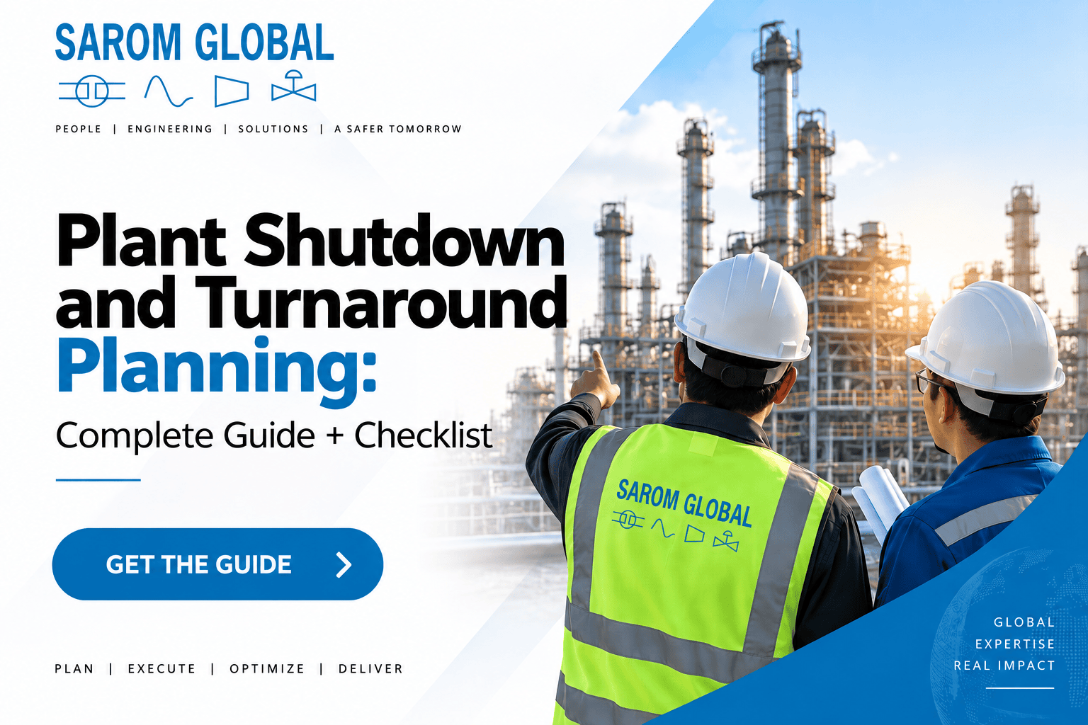 Plant shutdown and turnaround planning guide showing engineers reviewing an industrial plant