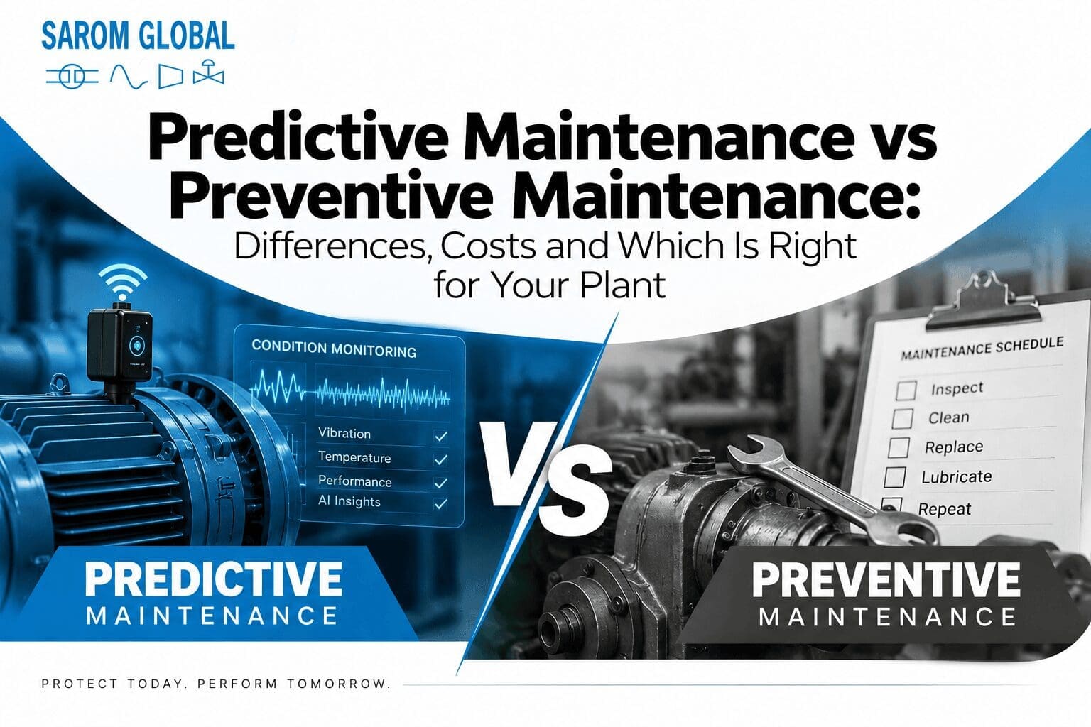 Predictive maintenance vs preventive maintenance comparison showing condition monitoring technology and a traditional maintenance schedule