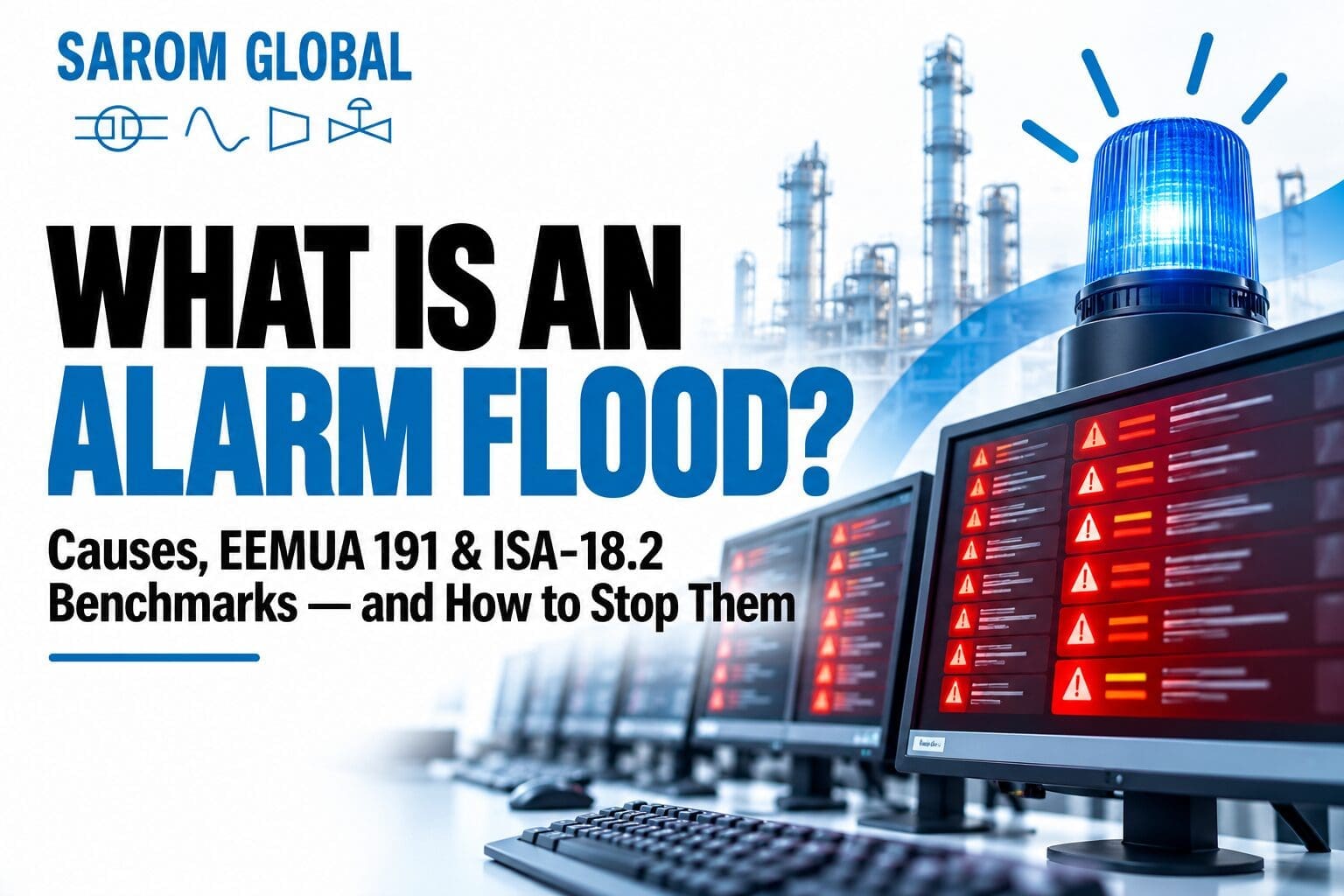 Industrial alarm flood with multiple red warning alerts on control room monitors, illustrating alarm overload, EEMUA 191 and ISA-18.2 alarm management.